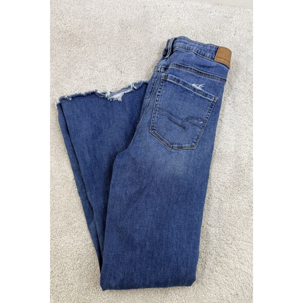 American Eagle Outfitters Womens Super High Rise Flare Jeans Blue Distressed 8